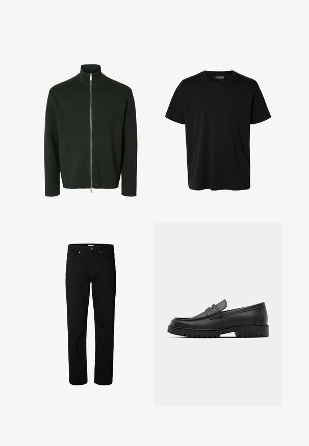 Pull zippé manches longues vert foncé avec un col montant côtelé et une fermeture éclair argentée du cou à l'ourlet.; T-shirt noir uni à manches courtes et col rond pour homme, sans motifs ni logos visibles à l’avant.; Jean noir droit avec fermeture par bouton et zip, passants pour ceinture, poches avant et arrière, présenté sur un fond blanc uni.; Mocassins en cuir noir à bout arrondi, avec un design cousu, une semelle plateforme basse et une semelle en caoutchouc texturée et crantée.