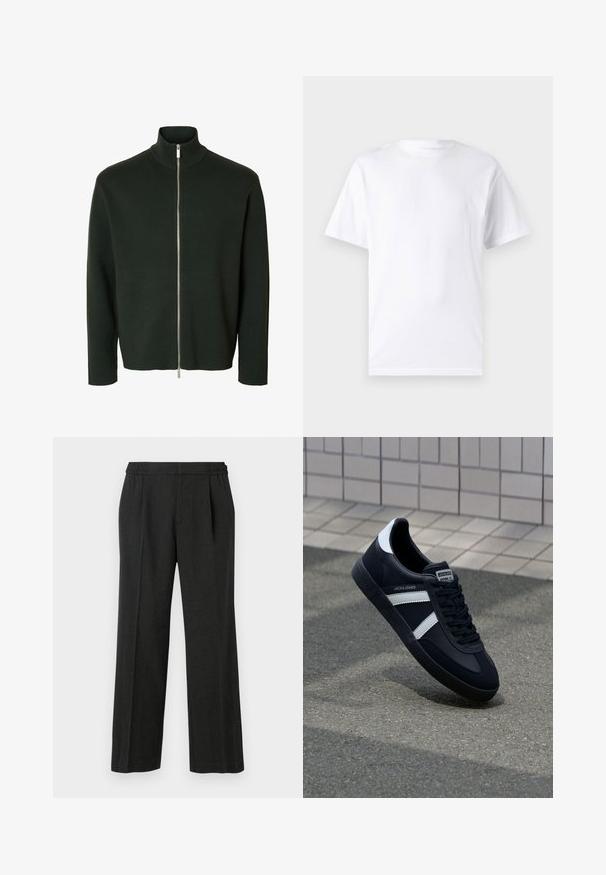 Jersey de manga larga con cremallera en verde oscuro, con cuello alto acanalado y cremallera plateada que va desde el cuello hasta el dobladillo.; Camiseta blanca de manga corta hecha de algodón con cuello redondo, que presenta una textura suave y un diseño simple sin patrones ni acentos.; Pantalones de pierna ancha negros con cintura elástica, frente plisado y textura suave. Sin patrones visibles ni detalles metálicos.; Zapatilla de cuero negra con rayas blancas, suela de goma texturizada y parte frontal con cordones. Cuenta con una etiqueta de marca en la lengüeta.