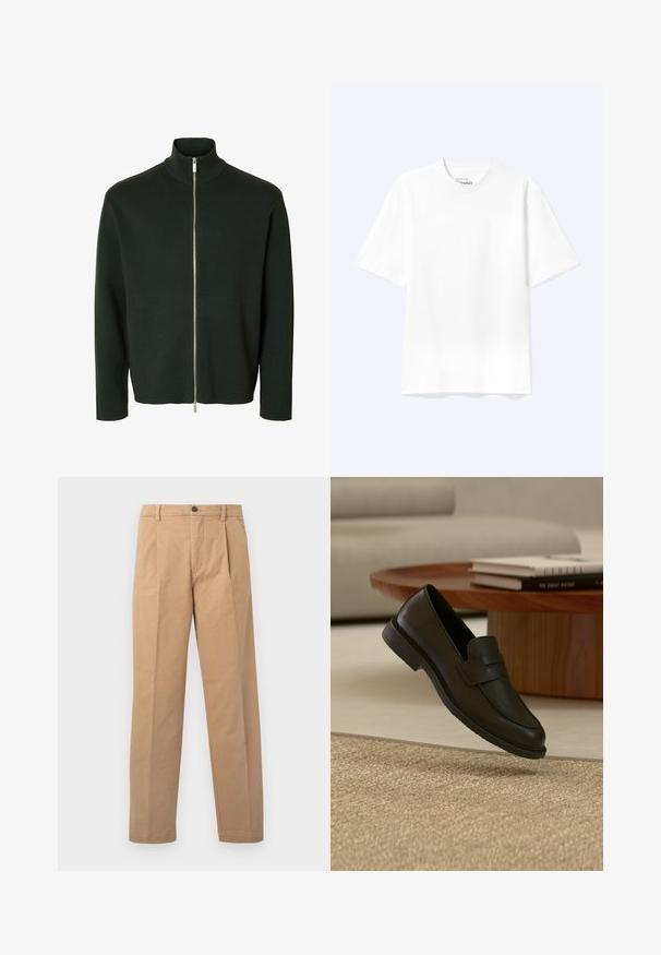 Pull zippé manches longues vert foncé avec un col montant côtelé et une fermeture éclair argentée du cou à l'ourlet.; T-shirt blanc uni à manches courtes et col rond avec une coupe décontractée, présenté sur un fond clair.; Pantalons kaki avec une coupe droite, confectionnés en tissu coton ; dotés d'une fermeture à un bouton et de deux plis sur le devant.; Chaussure mocassin en cuir noir présentée en suspension au-dessus d'un tapis beige tissé, avec une table en bois et des livres empilés dans un salon doucement éclairé.