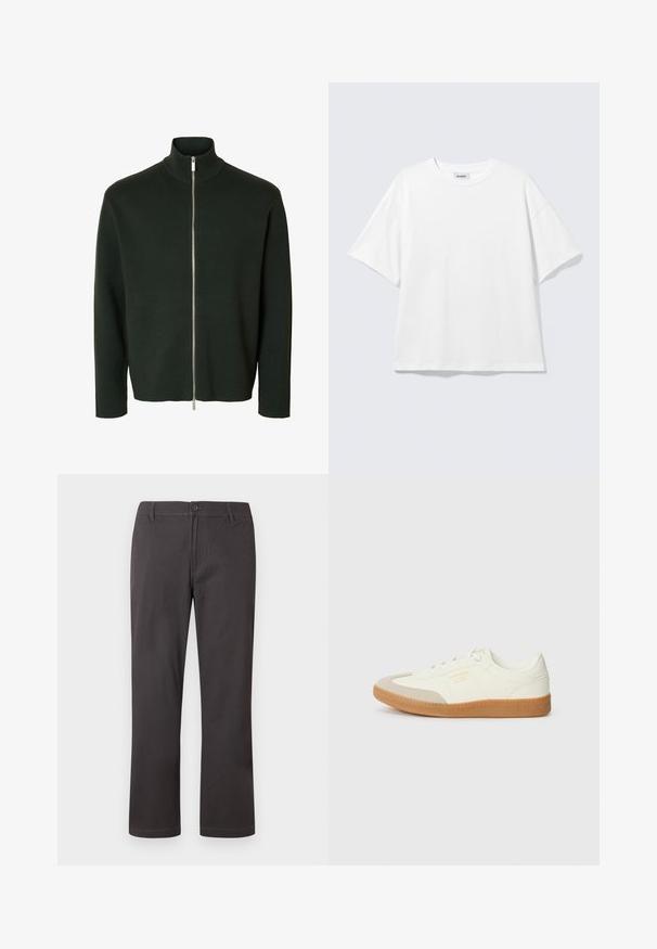 Jersey de manga larga con cremallera en verde oscuro, con cuello alto acanalado y cremallera plateada que va desde el cuello hasta el dobladillo.; Camiseta blanca de gran tamaño con mangas cortas, cuello redondo y hombros caídos, plana sobre fondo gris claro.; Pantalones gris oscuro de corte recto con cierre de botones, presillas para cinturón y costuras frontales sutiles sobre un fondo blanco.; Zapatilla de cuero blanca con puntera beige y suela de goma marrón claro. Presenta cordones planos blancos y una marca en relieve en el lateral.