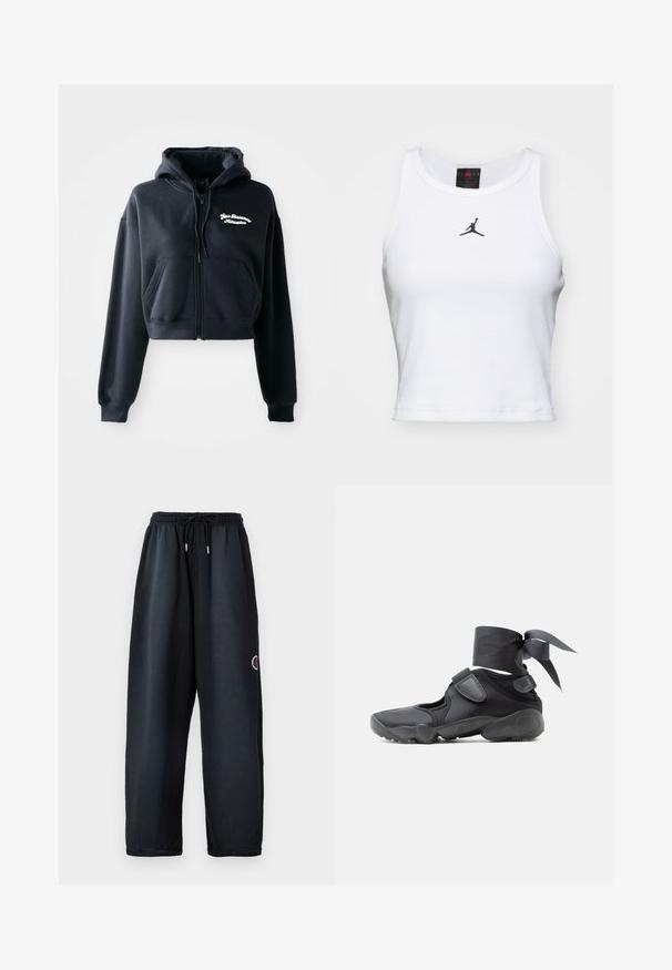 Zwarte cropped hoodie van zachte stof, met een ritssluiting aan de voorkant, twee voorzakken en witte geborduurde tekst op de linkerkant van de borst.; Witte crop tanktop van katoen met een ribbeltextuur. Beschikt over een zwart Jordan-logo in het midden en een klassieke ronde hals.; Zwarte sweatpants met een elastische tailleband en trekkoord. Voorzien van zijzakken en een logo in het rood en wit op het linkerpijpen. Zacht materiaal.; Zwarte sportieve schoen met uitsparingen, klittenbandsluitingen en een enkellint dat in een strik is vastgemaakt, zijaanzicht op een witte achtergrond.