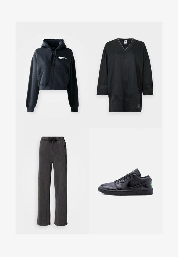 Must erineva lõikega must kapuutsiga särk, mis on valmistatud pehmest kangast. Sellel on peetrukipaneel, kaks esikotti ja vasakul rinnal valge broderiega tekst.; Must Nike lühikese varrukaga särk V-kaelusega, millel on vertikaalne soonik, õmblusega detailid ja vasakul rinnal logo. Kerge materjal.; Tumedat hallid dressipüksid reguleeritava tõmblukuga, küljetaskutega ja laiade säärtega. Pehme, tekstuuriga kangas õrna läikega.; Mustad spordijalatsid läikiva lakknahast viimistlusega, tekstureeritud pealiskihid, mustad paelad esiküljel ja rohelise logoga detail kandadel.