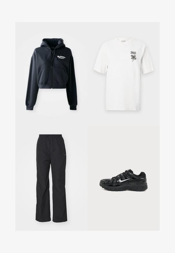 Zwarte cropped hoodie van zachte stof, met een ritssluiting aan de voorkant, twee voorzakken en witte geborduurde tekst op de linkerkant van de borst.; Witte katoenen T-shirt met korte mouwen, een ronde halslijn en een zwart geborduurd klavertje vier met tekst op de linkerkant van de borst.; Zwarte, lichtgewicht broek met een elastische tailleband en verstelbare trekkoord. Heeft een gestructureerde afwerking en een klein reflecterend logo aan de zijkant.; Zwarte Nike P-6000 sneaker met zilveren swoosh, mesh en glanzende overlays, en een getextureerde zwarte zool, gezien vanaf de buitenkant op een effen achtergrond.