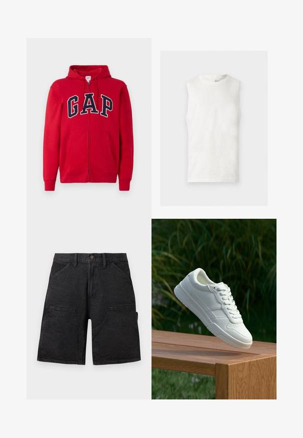 Rød zip-up hættetrøje lavet af bomuld, med et fremtrædende navy "GAP" logo på brystet, samt hætte og frontlommer.; Hvid ærmeløs tanktop med rund halsudskæring med en lille GAP-logo på indersiden af kraven bagtil, fladt lagt på en lys baggrund.; Sorte denim knælange shorts med for- og sidelommer, knaplukning og bæltestropper.; Hvide lædersneakers med en glat overflade, prydet med perforeret design, klassisk snørering og gummisål, placeret over en træoverflade.