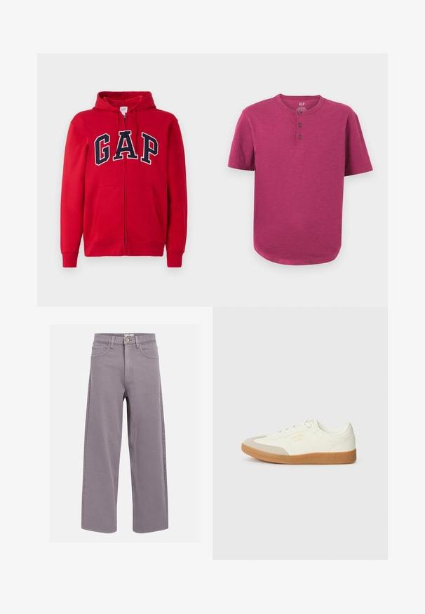 Roten Reißverschluss-Hoodie aus Baumwolle mit einem auffälligen marineblauen "GAP"-Logo auf der Brust, Kapuze und Fronttaschen.; Kurzarm-Henley-Shirt in einem lebhaften Magenta-Ton. Mit Rundhalsausschnitt, Drei-Knopf-Leiste und leicht abgerundetem Saum. Weiche Textur.; Gerade geschnittene jeans in Lavendel-Grau mit Vorder- und Hintertaschen, Gürtelschlaufen und einem Knopfverschluss an der Taille.; Sneaker aus weißem Leder mit einer beigen Zehenkappe und leichter brauner Gummisohle. Verfügt über flache weiße Schnürsenkel und geprägtes Branding an der Seite.