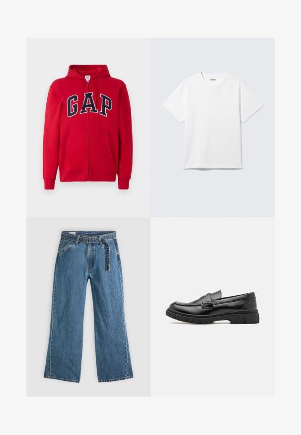 Sudadera con cremallera roja de algodón, con un prominente logo en color marino "GAP" en el pecho, con capucha y bolsillos frontales.; Camiseta blanca de manga corta con cuello redondo, colocada plana, diseño liso, con etiqueta "WEEKDAY" en el interior del cuello sobre un fondo claro.; Pantalones vaqueros de mezclilla azul de pierna ancha con cinturón adjunto, bolsillos frontales y costuras visibles sobre un fondo claro y liso.; Mocasin de cuero negro con una cinta ancha en el empeine, suela de goma con tacos gruesos y textura suave. Diseño clásico y elegante.