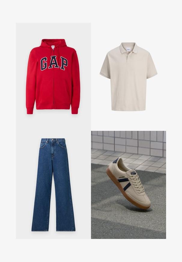 Un sweat à capuche rouge zippé en coton, comportant un grand logo "GAP" bleu marine sur la poitrine, avec une capuche et des poches avant.; Polo beige à manches courtes avec de fines rayures verticales, un col classique et une patte à deux boutons.; Jean en denim bleu à jambes larges avec une taille haute, présentant des passants de ceinture et des poches avant. Le tissu a une texture lisse et des coutures minimales.; Baskets beiges avec une finition texturée, bandes navy et semelle en caoutchouc. Équipées d'une languette rembourrée et d'un système de laçage traditionnel pour un maintien sécurisé.