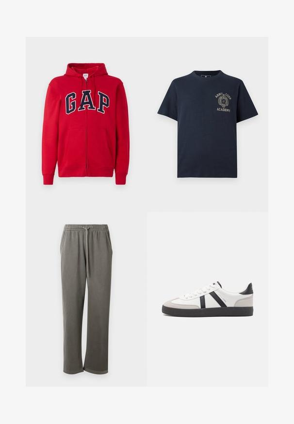 Rode rits-hoodie gemaakt van katoen, met een opvallend marineblauw "GAP" logo over de borst, voorzien van een capuchon en frontzakken.; Marineblauwe T-shirt met korte mouwen en beige tekst "Army Corp Academy" en embleem aan de linkerkant van de borst.; Grijze katoenen sweatpants met een elastische tailleband en trekkoord, met zijzakken en een ontspannen pasvorm langs de benen.; Witte sneaker met zwarte en grijze accenten, voorzien van een grijze neus met textuur, zwarte rubberen zool en platte witte veters. Schoon ontwerp, minimalistische stijl.