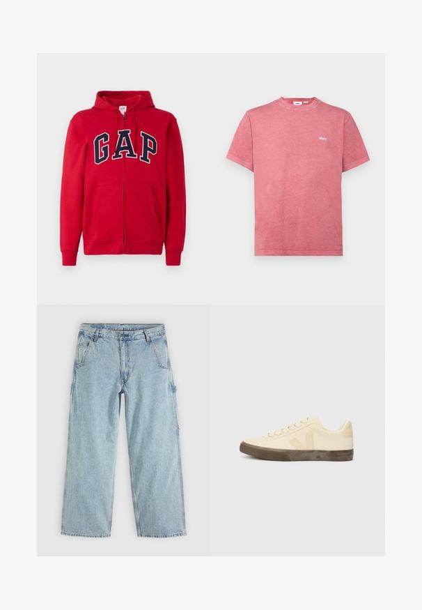 Rød zip-up hættetrøje lavet af bomuld, med et fremtrædende navy "GAP" logo på brystet, samt hætte og frontlommer.; Rød bomulds t-shirt med rund halsudskæring og korte ærmer. Har et lille hvidt "obey" logo på venstre bryst. Blødt, tekstureret stof.; Lyseblå straight-leg denim jeans med forlommer, bæltestropper, knaplukning og en sidelomme til værktøj.; Beige lærredssko med rund tå, flade snørebånd og struktureret brun gummisål. Har et logo på siden og et minimalistisk design.