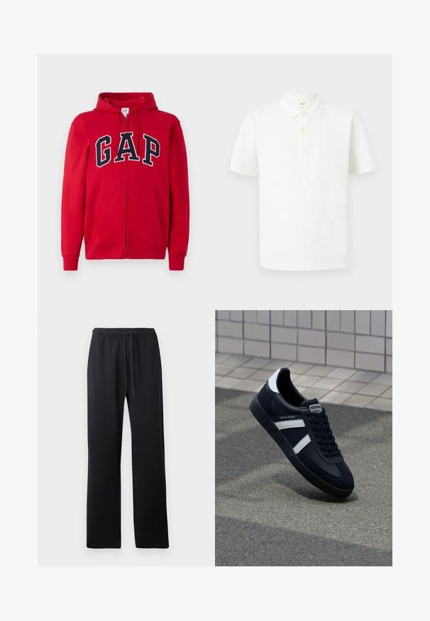 Sudadera con cremallera roja de algodón, con un prominente logo en color marino "GAP" en el pecho, con capucha y bolsillos frontales.; Camisa polo blanca de algodón con cuello clásico, mangas cortas, tapeta de dos botones y una sutil textura en la tela.; Abercrombie & Fitch ESSENTIAL BAGGY OPEN HEM CASUAL - Pantalones deportivos - black; Zapatilla de cuero negra con rayas blancas, suela de goma texturizada y parte frontal con cordones. Cuenta con una etiqueta de marca en la lengüeta.