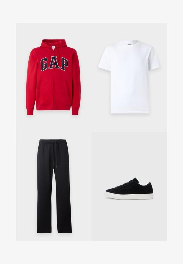 Rød zip-up hættetrøje lavet af bomuld, med et fremtrædende navy "GAP" logo på brystet, samt hætte og frontlommer.; Hvid bomulds t-shirt med rund halsudskæring og korte ærmer. Enkel design uden mønstre eller grafik, med GAP branding på kraven.; Abercrombie & Fitch ESSENTIAL BAGGY OPEN HEM CASUAL - Træningsbukser - black; Sorte suede sneakers med lav-top design, rund tå og hvid gummisål. Har sorte snørebånd og minimal branding på siden.
