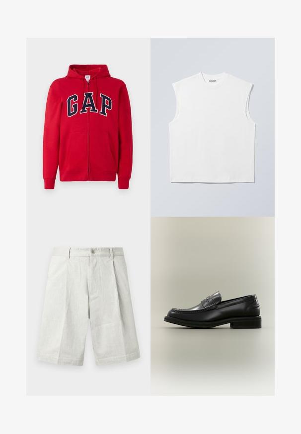 Un sweat à capuche rouge zippé en coton, comportant un grand logo "GAP" bleu marine sur la poitrine, avec une capuche et des poches avant.; Haut blanc sans manches en coton à col rond avec épaules structurées, marqué "WEEKDAY" sur l'étiquette du col, présenté sur un fond gris clair.; Shorts gris clair en tissu texturé, dotés d'une fermeture à bouton, de plis et d'une coupe droite, adaptés à une tenue décontractée.; Mocassin penny en cuir noir avec un détail cousu et un petit talon empilé présenté sur un fond clair uni.