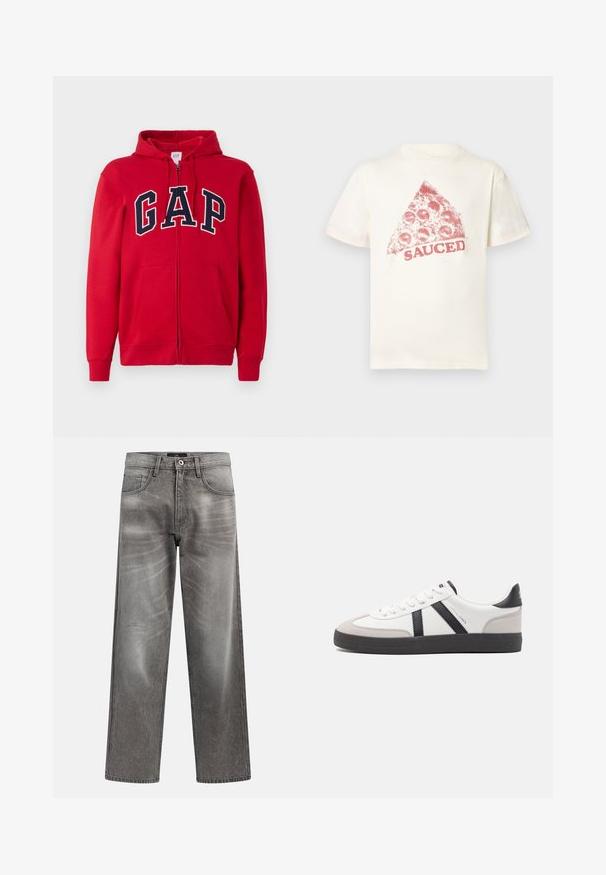 Roten Reißverschluss-Hoodie aus Baumwolle mit einem auffälligen marineblauen "GAP"-Logo auf der Brust, Kapuze und Fronttaschen.; Cremefarbenes Baumwoll-T-Shirt mit einem roten Grafikdruck einer Pizzascheibe und dem Wort "SAUCED" darunter, kurzärmelig und mit Rundhalsausschnitt.; Grau melierte Jeans im weiten Schnitt mit einem verblassten Finish, klassischem Fünf-Taschen-Design und einem Metallknopfverschluss. Strukturierter Stoff mit dezenten Gebrauchsspuren.; Weiße Sneaker mit schwarz- und grau-aczenten, ausgestattet mit einer strukturierten grauen Zehenkappe, schwarzer Gummi-Sohle und flachen weißen Schnürsenkeln. Sauberes Design, minimalistische Stil.