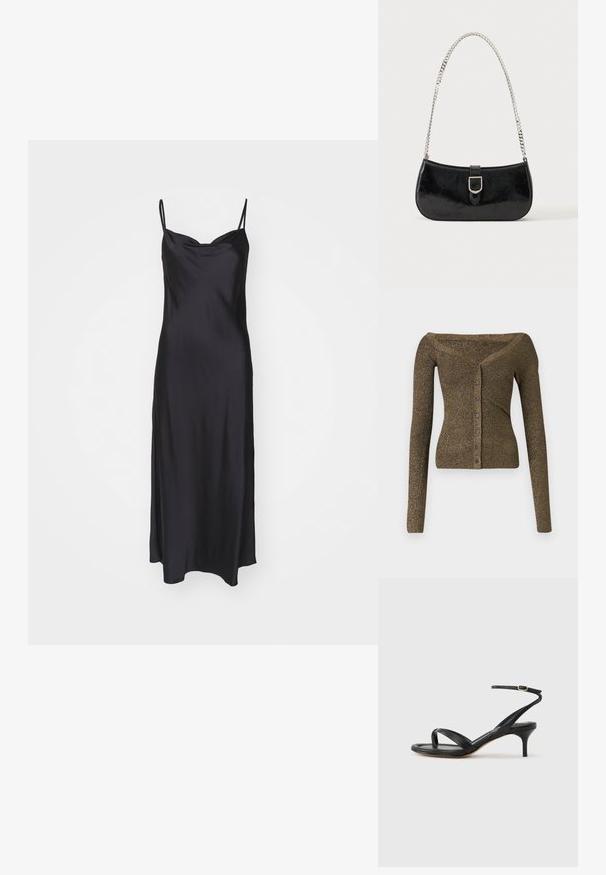 Af- skulderen, langærmet cardigan i metallisk olivengrøn strik, med knapfront og ribbet tekstur. Slim fit med subtil glans.; Sort satin slip kjole med tynde spaghetti stropper, en glat overflade og en tætsiddende bærestykke, der flyder ud i en A-linje silhuet.; Sort damesandal i læder med tynde remme, en tå-loop, ankelspænde og en mellemhøj stiletthæl på en neutral baggrund.; Sort skuldertaske i laklæder med sølv spænde og sølv kæderem, vist mod en ensartet lys baggrund.