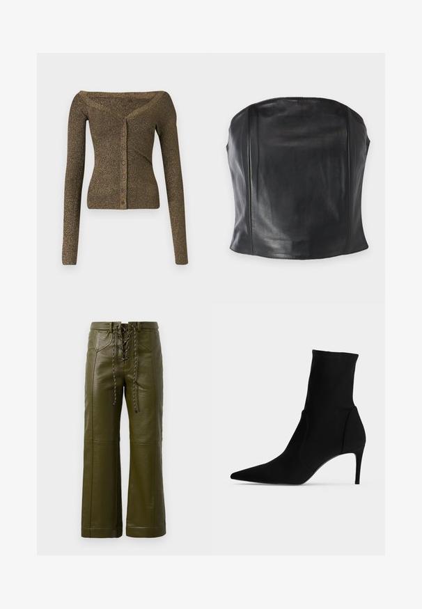 Af- skulderen, langærmet cardigan i metallisk olivengrøn strik, med knapfront og ribbet tekstur. Slim fit med subtil glans.; Sort læder strapless top med en tætsiddende pasform, glat tekstur og subtile sømme langs kroppen for et skræddersyet udseende.; Olivengrøn læder bredbenede bukser med en tekstureret overflade, der har snørelukning foran og robuste sorte metaldele.; Sort ankelstøvle med spids tå og slank høj hæl, vist i profil på en lys baggrund. Elegant, minimalistisk design.