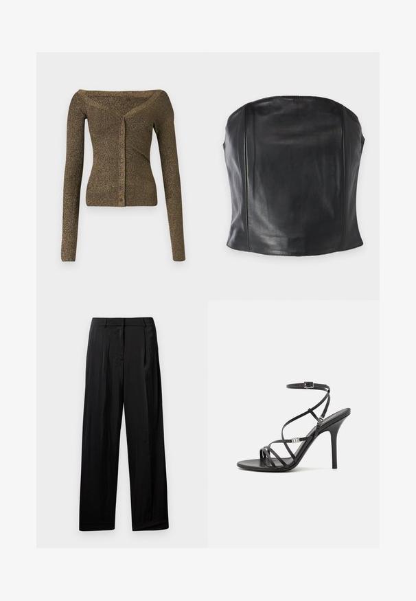 Af- skulderen, langærmet cardigan i metallisk olivengrøn strik, med knapfront og ribbet tekstur. Slim fit med subtil glans.; Sort læder strapless top med en tætsiddende pasform, glat tekstur og subtile sømme langs kroppen for et skræddersyet udseende.; Sorte, vide bukser med en glat stoftekstur, der har pressefolder foran, bæltestropper og lynlås i gylpen.; Sort højhælet sandal med tynde stropper, en ankelspænde, en glat læderoverflade og en slank stilethæl.