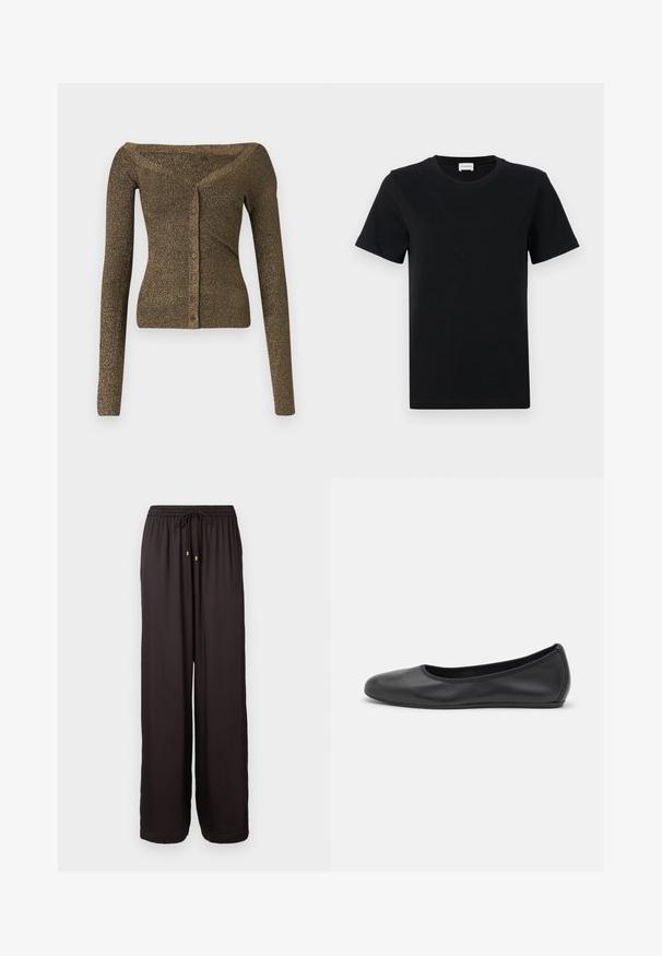 Cardigan en tricot olive métallique à manches longues et décolleté asymétrique, avec un devant boutonné et une texture ribbed. Coupe slim avec une légère brillance.; T-shirt noir en coton à manches courtes avec un col rond, présentant un détail de logo subtil sur le bas devant, et un ourlet droit.; Pantalons noirs amples avec taille élastique et cordon de serrage avec embouts dorés, jambes droites et longueur complète.; Ballerines en cuir noir avec un bout rond, texture lisse, détails de couture minimalistes et design de semelle flexible.