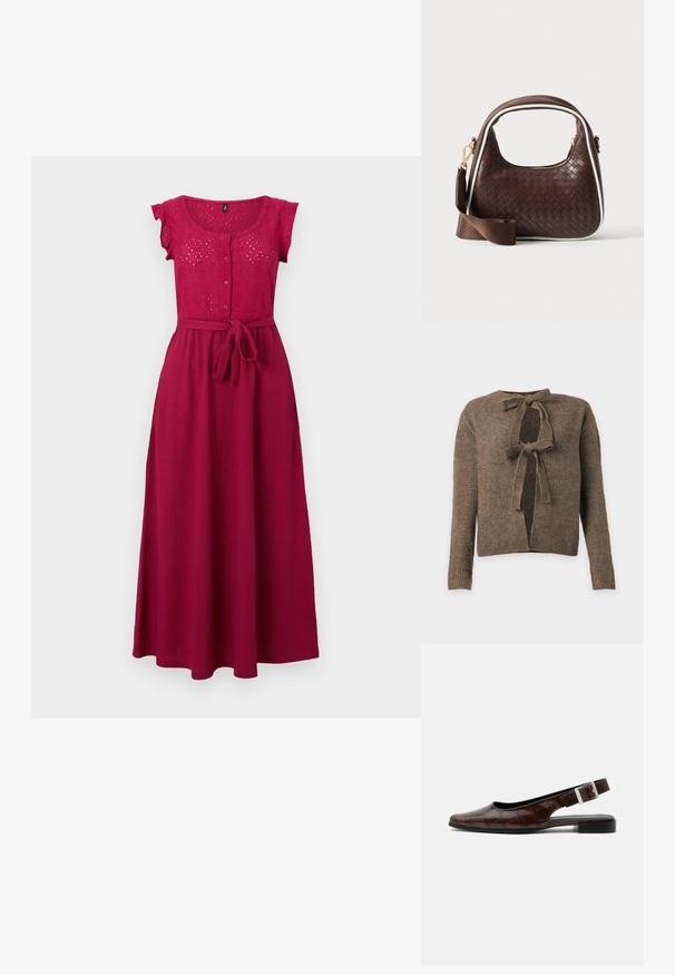 Brun ribstrikket cardigan med to bindelukninger foran og lange ærmer på en ensartet lys baggrund.; Fuchsia ærmeløs midikjole med øjlet blonderkrop, knapper foran og bundet stofbælte i taljen, sat mod en lys baggrund.; Mørkebrun læderslingback flad sko med firkantet tå, krokodille tekstur og sølvspænde på remmen.; Brun vævet læderhåndtaske med hvid piping, guldfarvet lynlås og aftagelig brun stofskulderrem.