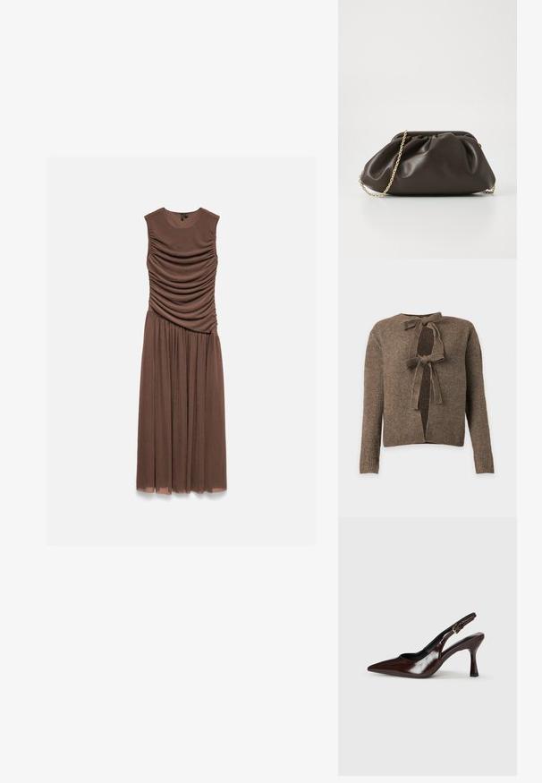 Brun ribstrikket cardigan med to bindelukninger foran og lange ærmer på en ensartet lys baggrund.; Ærmeløs midi-kjole i brun med rynket krop og asymmetrisk opsamlet talje, med en let plisseret nederdel.; Brune patenterede læderslingback-sandaletter med spids tå, en tynd hæl og justerbar rem med en lille spænde.; Brun læderhandtaske med en sammensnøring, guld kædestrop og blød, struktureret overflade. Kompakt form velegnet til aftensbrug.