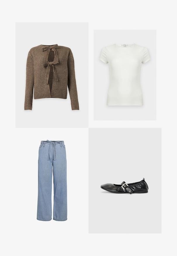 Bruine geribde gebreide cardigan met twee voorstriksluitingen en lange mouwen op een effen lichte achtergrond.; Effen witte aansluitende T-shirt met korte mouwen en ronde hals, getoond op een neutrale achtergrond.; Lichtblauwe wijde denim broek met hoge elastische tailleband en een bijpassende stoffen strikceintuur aan de voorkant.; Zwarte leren platte schoen met een spitse neus, geplooide details rond de opening en een zilveren gespaccentueerde verstelbare band.