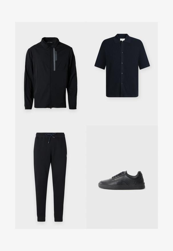 Veste légère noire avec fermeture éclair à l'avant, col, poignets élastiques et poche poitrine avec un accent réfléchissant. Texture lisse et design décontracté.; Polo en maille bleu marine à manches courtes avec boutons sur le devant, motif côtelé texturé, col et manches ourlées.; Pantalon de survêtement noir fuselé avec taille élastique et cordon de serrage bleu marine, doté de poignets côtelés et d'une petite étiquette logo sur le côté.; Chaussure de sport en cuir noir avec une finition lisse, bout arrondi, panneau latéral texturé et lacets noirs. Présente une semelle en caoutchouc plate et un design minimaliste.