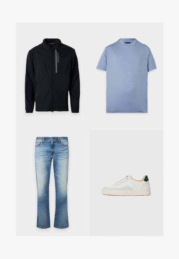 Schwarze, leichte Jacke mit Reißverschluss, Kragen, elastischen Bündchen und einer Brusttasche mit reflektierendem Akzent. Glatte Textur und lässiges Design.; Schlichtes hellblaues Kurzarm-T-Shirt mit Rundhalsausschnitt und kleinem, dezentem Logo auf der linken Brustseite vor weißem Hintergrund.; Herren-Jeans in verwaschenem Blau mit geradem Bein, Knopfverschluss und Fünf-Taschen-Design auf weißem Hintergrund.; Weiße Sneaker mit Wildlederelementen, runder Zehenpartie, flachen Schnürsenkeln und einer cremefarbenen Gummisohle. Mit grünen Markenlogo am Fersenbereich.