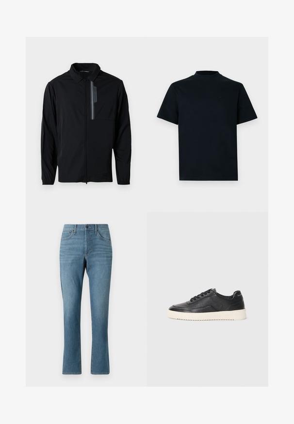 Sort letvægtsjakke med lynlås fortil, krave, elastiske manchetter og en brystlomme med et reflekterende element. Glat tekstur og afslappet design.; Kortærmet t-shirt i ensfarvet sort med høj halsudskæring. Fremstillet af glat stof, har et minimalistisk design og diskret branding på brystet.; Lyst blå denim jeans med lige ben, der har for- og baglommer, en lynlås foran og en diskret falmning i stoffet.; Sort lædersneaker med struktureret overflade, rund tå og flad hvid gummisål. Har sorte snørebånd og branding på hælen.