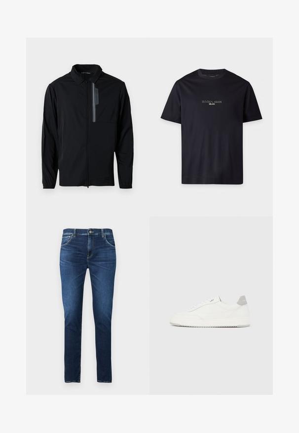 Sort letvægtsjakke med lynlås fortil, krave, elastiske manchetter og en brystlomme med et reflekterende element. Glat tekstur og afslappet design.; Sort T-shirt med korte ærmer og rund halsudskæring med teksten "EMPORIO ARMANI MILANO" centreret på brystet i lille hvid skrift.; Mørkeblå, slim-fit jeans med forreste knap, lynlås og fem-lommers design, vist på en ensfarvet lys baggrund.; Hvid lavtop-sneaker med gråt hælflig, hvide snørebånd og tekstureret sål, vist på en ensfarvet lys baggrund.