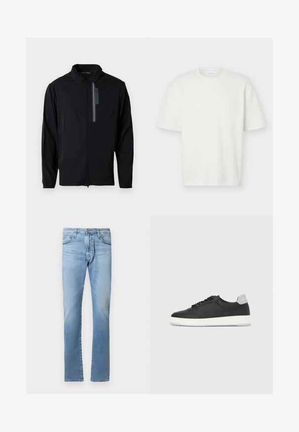 Veste légère noire avec fermeture éclair à l'avant, col, poignets élastiques et poche poitrine avec un accent réfléchissant. Texture lisse et design décontracté.; T-shirt blanc texturé à manches courtes, col rond, coupe régulière et petite étiquette de marque à l'intérieur du col.; Jean en denim bleu clair avec une coupe droite, design à cinq poches et fermeture par bouton à la taille. Texture lisse avec un léger effet délavé.; Baskets basses noires avec semelle blanche et languette grise au talon, vue de profil sur un fond blanc uni.