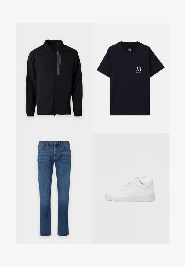 Sort letvægtsjakke med lynlås fortil, krave, elastiske manchetter og en brystlomme med et reflekterende element. Glat tekstur og afslappet design.; Sort bomulds-t-shirt med korte ærmer, rund halsudskæring og hvidt logo på venstre bryst. Glat tekstur og afslappet pasform.; Blå denimjeans med lige ben, der har et klassisk design med fem lommer og knaplukning. Diskret falming over stofteksturområdet.; Hvid lædersneaker med rundet tå, flad sål og snørebånd foran. Har syningsdetaljer og polstret krave for komfort.
