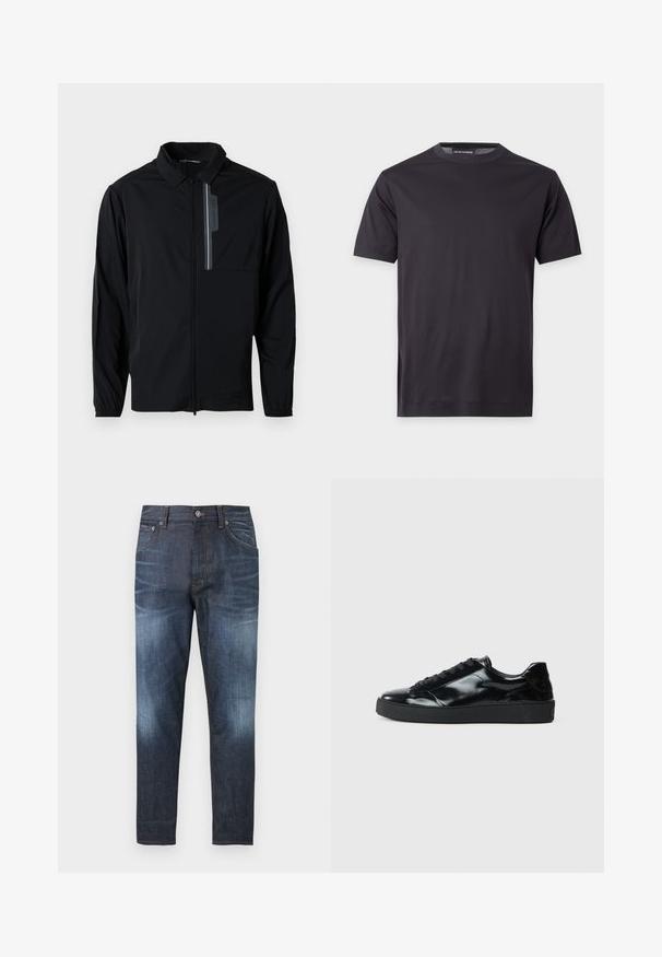 Schwarze, leichte Jacke mit Reißverschluss, Kragen, elastischen Bündchen und einer Brusttasche mit reflektierendem Akzent. Glatte Textur und lässiges Design.; Schlichtes schwarzes T-Shirt mit kurzen Ärmeln und Rundhalsausschnitt, mit einem kleinen Ton-in-Ton-Logo auf der linken Brustseite und einem gebrandeten Nackenetikett.; Dunkelblaue Slim-Fit-Jeans mit ausgewaschenen Stellen an Oberschenkeln und Knien, Vordertaschen, Gürtelschlaufen und Knopfverschluss in der Taille.; Schwarze Lackledersneaker mit runder Zehenform, Schnürdesign, strukturiertem Gummisohle und glatter Oberfläche.