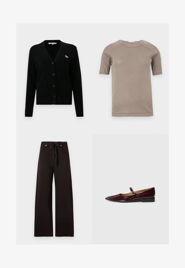 Cardigan noir en matériau doux, avec un décolleté en V, une fermeture à boutons, deux poches avant et un petit détail brodé de renard sur la poitrine.; T-shirt beige à manches courtes avec col rond côtelé et coutures visibles aux manches et à l'encolure, présenté à plat sur un fond blanc.; Pantalon noir à jambes larges avec poches avant, passants de ceinture et cordon en tissu à la taille, présenté sur un fond uni.; Ballerines en cuir verni bordeaux de type Mary Jane avec un bout pointu, un talon plat et une sangle décorative avec une boucle circulaire.