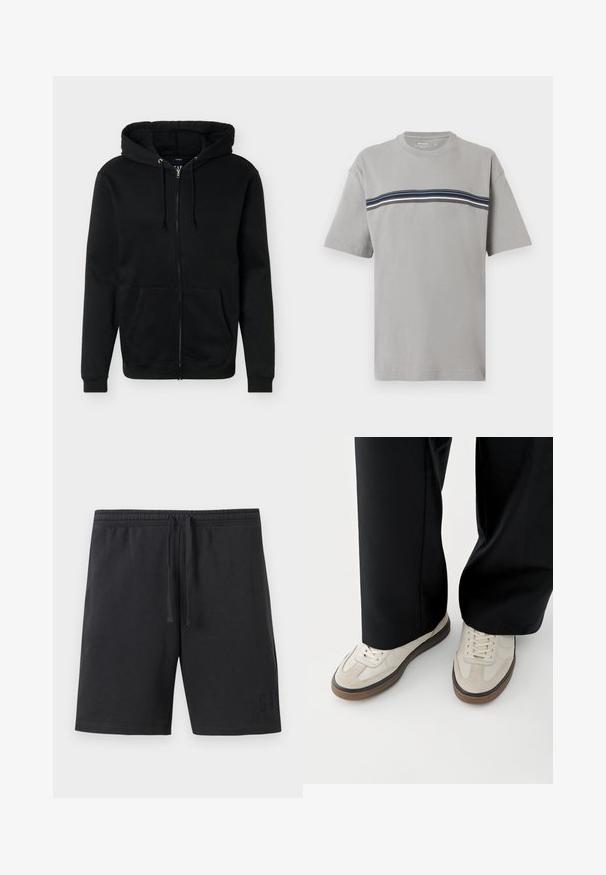 Sweat à capuche noir zippé avec poches avant et capuche ajustable avec cordon, affiché sur un fond blanc uni.; T-shirt gris clair à manches courtes avec col rond et rayures horizontales bleu marine, blanches et noires sur la poitrine.; Shorts décontractés noirs avec ceinture élastique et cordon de serrage, présentant un logo de marque discrètement en relief sur la partie inférieure de la jambe gauche.; Pieds portant des baskets beige avec des semelles marron et un pantalon noir à jambes larges sur fond blanc.