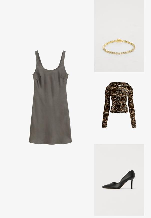 Chaqueta con capucha y cremallera en un patrón de olas marrón y negro. Está hecha de una tela texturizada, cuenta con mangas largas y un diseño ajustado.; Vestido gris sencillo sin mangas con escote redondo, cuerpo ajustado y falda en línea A, mostrado sobre un fondo blanco.; Bailarina negra de cuero con tacón alto, puntera afilada y un esbelto tacón de aguja. La parte superior presenta una textura suave y sin adornos.; Pulsera de metal dorado que presenta piedras de strass transparentes en un patrón uniforme, con un cierre de gancho en un lado. Textura suave y acabado brillante.
