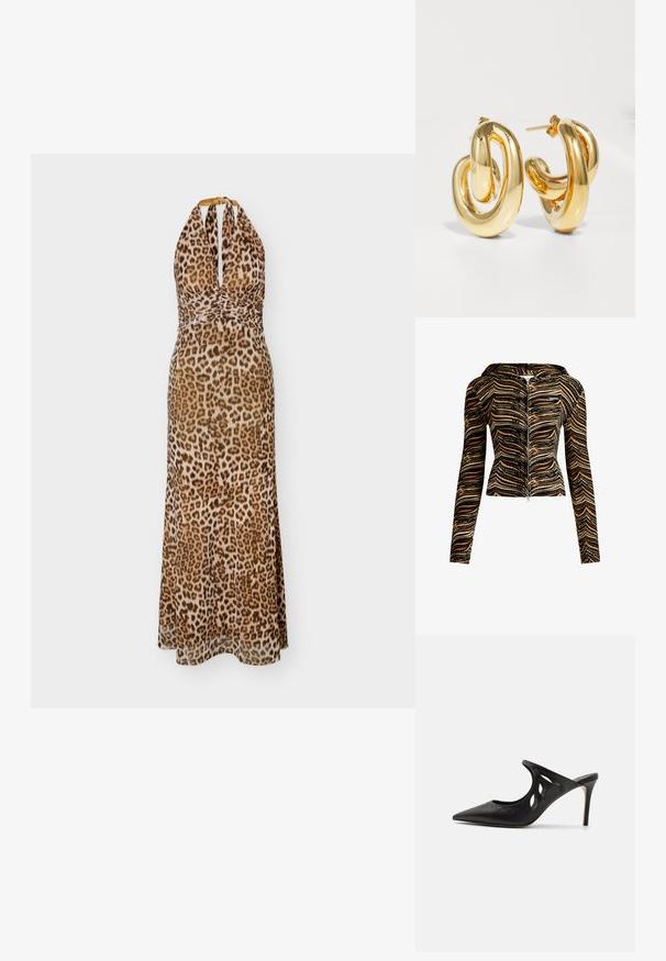 Hættejakke med lynlås i et brunt og sort bølgemønster. Lavet af tekstureret stof, har den lange ærmer og en tætsiddende pasform.; Ærmeløs maxikjole med halterneck i brun og beige leopardprint, samlet talje og dyb V-udskæring.; Sorte læder højhælede mules med spids tå, udskåret sideskærm og glat tekstur. Stiletthæl og subtil syning.; Charlotte Chesnais BO INITIAL BLOW - Øreringe - gold-coloured