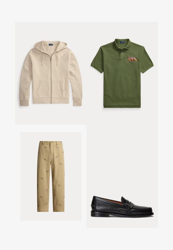 Sweat à capuche zippé beige avec poches avant et cordon de serrage à la capuche, avec étiquette Polo Ralph Lauren et logo brodé sur la poitrine.; Polo à manches courtes vert olive avec patte de boutonnage à deux boutons et motif brodé représentant trois joueurs de polo à cheval sur la poitrine.; Pantalon en velours côtelé beige avec motifs brodés de chiens, coupe droite, cinq poches et fermeture à bouton devant.; Mocassin en cuir noir avec un petit talon et une bride penny, vu de côté sur un fond gris clair.