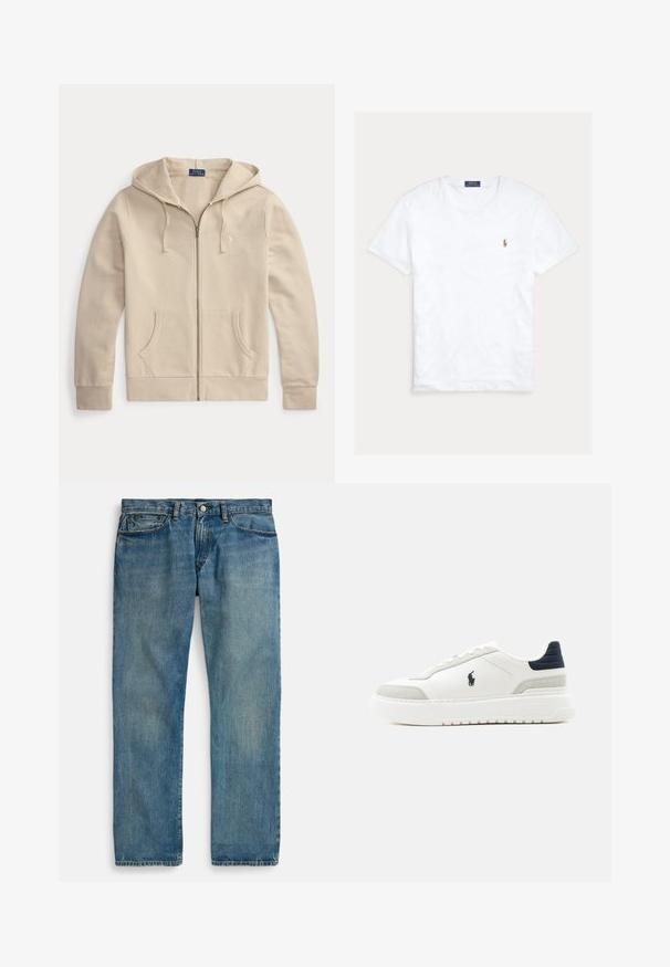Sweat à capuche zippé beige avec poches avant et cordon de serrage à la capuche, avec étiquette Polo Ralph Lauren et logo brodé sur la poitrine.; T-shirt blanc à col rond et manches courtes avec petit logo Polo Ralph Lauren brodé sur la poitrine gauche et étiquette de marque bleue à l’intérieur du col.; Jean en denim bleu clair avec une coupe droite, comprenant cinq poches, une fermeture à bouton, et un délavage subtil pour la texture.; Baskets basses blanches avec languette de talon noire, accents en daim gris, semelle épaisse et logo Polo noir sur le côté extérieur.