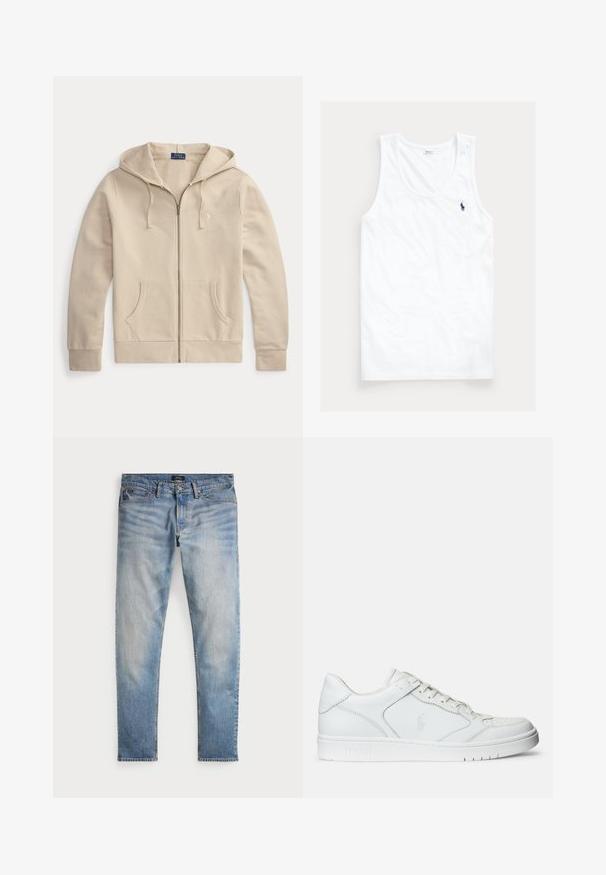 Beige lynlåstrøje med frontlommer og snøre i hætten, med Polo Ralph Lauren-mærke og broderet logo på brystet.; Hvid ærmeløs tanktop med rund halsudskæring og lille mørkeblå Polo Ralph Lauren hestelogo på venstre bryst.; Lys blå denimjeans med en falmet finish, fem-lomme design og kontraststing. Har lynlås og bæltesløjfer. Lige pasform.; Hvide lædersneakers med en glat tekstur, der har en perforeret tå, snørebåndslukning og broderet logo på siden. Hvid gummisål.