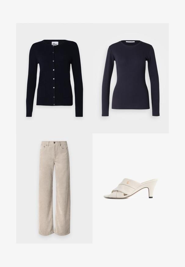 Marineblauwe cardigan van zachte brei met een ronde hals, knopen aan de voorkant en twee voorkruiszakken, gedragen over een beige turtleneck en een paarse broek.; Marineblauwe lange mouwen T-shirt van zachte katoen. Heeft een ronde hals, aansluitende pasvorm en geribbelde textuur. Eenvoudig en effen kleurontwerp.; Beige corduroy wijde broek met verticale strepen, voorzien van een knoopsluiting en voorkruiden. Zacht, gestructureerd materiaal met een relaxte pasvorm.; Beige hoge hakken mules met een gedraaide lederen band, open teen en een reliëf logo-accent. De hak heeft een zwarte puntdetail.