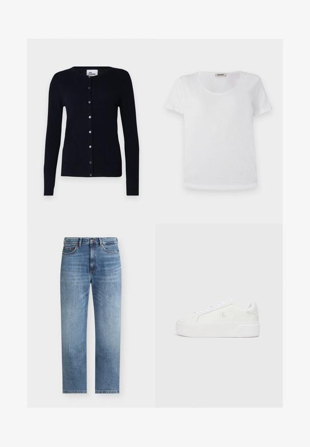 Marineblauwe cardigan van zachte brei met een ronde hals, knopen aan de voorkant en twee voorkruiszakken, gedragen over een beige turtleneck en een paarse broek.; Witte t-shirt met korte mouwen, gemaakt van zachte stof, met een ronde halslijn en een rechte zoom zonder zichtbare patronen of accenten.; Lichtblauwe recht gesneden spijkerbroek met vijf zakken, knoopsluiting en subtiele vervaagde details aan de voorkant van de dijen.; Witte platform sneakers met een gladleren bovenkant, ronde neus, witte veters en subtiele logodetail aan de zijkant. Platte rubberen zool.