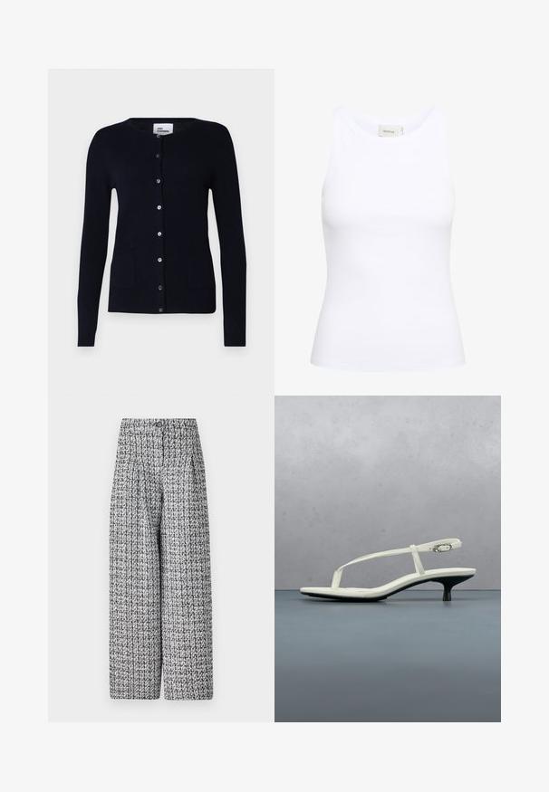 Marineblå cardigan i blødt strik med rund halsudskæring, knaplukning foran og to forlommer, lagdelt over en beige turtleneck og brune bukser.; Hvid ribbet tanktop med rund halsudskæring og uden ærmer. Strækbart stof og tætsiddende design. Etiketten bagpå viser "GESTUZ."; Vevet bukser med bredt ben i et sort og hvidt struktureret mønster, featuring høj talje, knaplukning og plisserede frontdetaljer.; Hvid sandal med stropper og kitten-hæl med spids tå, svævende over et trægulv udendørs med en sløret plante og væg i baggrunden.