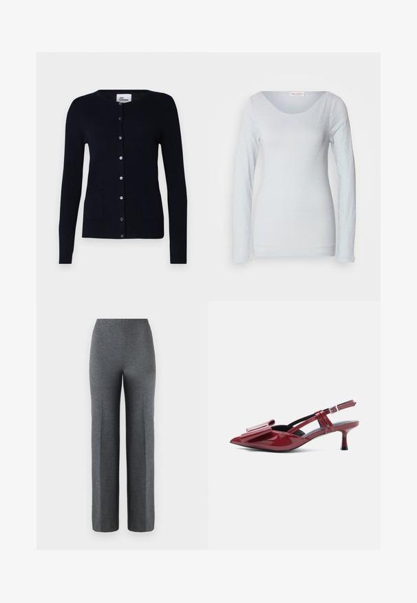Marineblaues Strickjacke aus weichem Material mit Rundhalsausschnitt, Knopfleiste und zwei Fronttaschen, kombiniert mit einem beigen Rollkragenpullover und braunen Hosen.; Langärmliges, hellblaues Oberteil aus weichem Stoff mit Rundhalsausschnitt, das eine glatte Textur und eine figurnahe Silhouette aufweist.; Graue, weit geschnittene Hosen aus einem weichen, strukturierten Stoff. Sie haben eine hohe Taille und keine sichtbaren Beschläge oder Verzierungen.; Rote Lackleder-Slingback-Kitten-Heels mit spitzem Zehenbereich und großem Schleifendetail auf der Oberseite vor weißem Hintergrund.