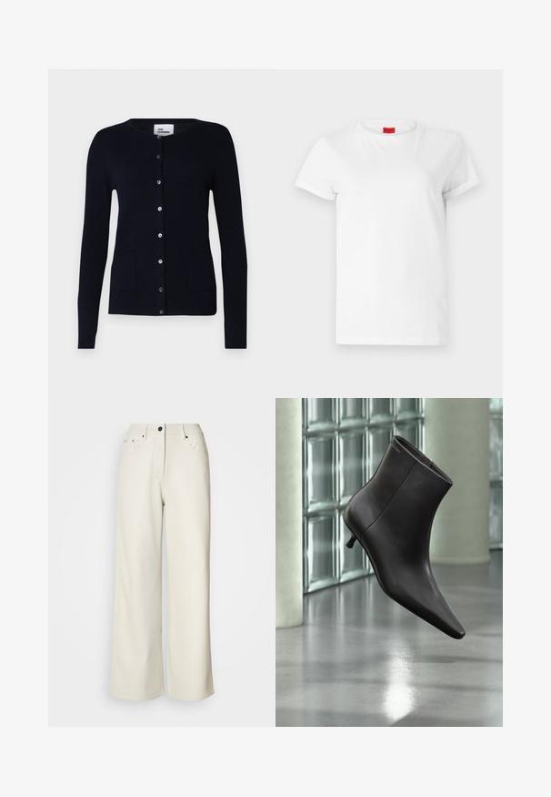 Marineblauwe cardigan van zachte brei met een ronde hals, knopen aan de voorkant en twee voorkruiszakken, gedragen over een beige turtleneck en een paarse broek.; Witte T-shirt met korte mouwen, gemaakt van lichtgewicht katoen. Heeft een ronde hals en opgerolde mouwen. Rode merketiket op de kraag.; Crème wijde benen broek van gladde stof. Heeft een mid-rise taille, ritssluiting en twee voorzakken met zwarte hardware accenten.; Zwarte leren enkellaars met puntige neus en lage hak, afgebeeld tegen een glazen blokkenmuur en gepolijste vloer op de achtergrond.