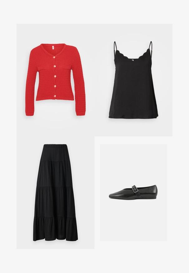 Roter gestrickter Cardigan mit V-Ausschnitt, langen Ärmeln und einer Knopfverschluss mit sechs runden, cremefarbenen Knöpfen sowie zwei flachen Taschen.; Schwarzes, gewelltes Cami-Top mit dünnen Trägern, weichem Material und lockerer Passform. Hat einen leicht geschwungenen Ausschnitt und ein schlichtes Design.; Schwarzer, gestufter Maxikleid mit einem gerafften Taillenbund, fließendem Design und glatter Textur. Verfügt über drei verschiedene Stoffschichten.; Schwarze Lederflachschuhe mit spitzem Zehenbereich, ausgestattet mit einem metallischen Riemen über dem Spann und einer niedrigen, flexiblen Sohle.