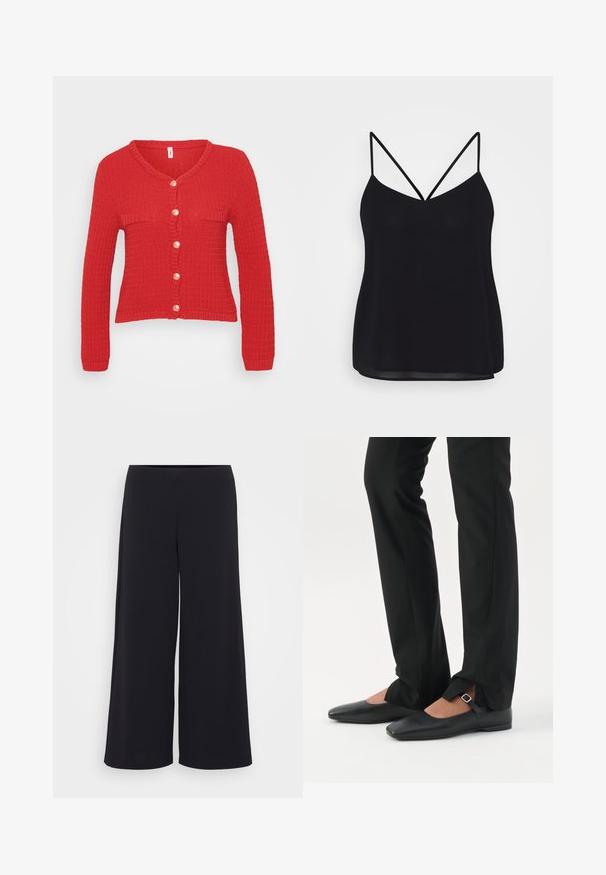 Rode gebreide cardigan met een V-hals, lange mouwen en een knoopsluiting met zes ronde, crèmekleurige knopen en twee platte zakken.; Zwarte tanktop met verstelbare dunne bandjes, V-hals en een gladde, licht doorzichtige stof. Casual ontwerp met een losse fit.; Zwarte wijde broek gemaakt van soepel stof, met een hoge tailleband en een vloeiende silhouet, met een schone, onversierde stijl.; Benen met zwarte smalle broek met voorsplitten aan de zoom, gecombineerd met zwarte platte Mary Jane-schoenen met een klein gespje.