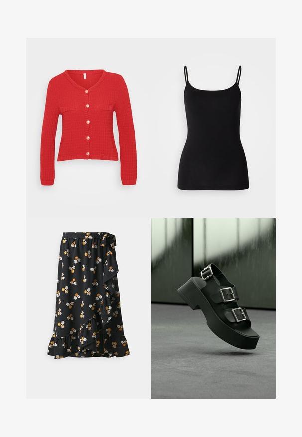 Roter gestrickter Cardigan mit V-Ausschnitt, langen Ärmeln und einer Knopfverschluss mit sechs runden, cremefarbenen Knöpfen sowie zwei flachen Taschen.; Schwarze Spaghetti-Top mit dünnen verstellbaren Trägern, glattem Stretchstoff und figurbetonter Silhouette. Keine Muster oder Verzierungen.; Schwarzer Blumenrock mit Rüschensaum, verziert mit kleinen gelben, weißen und orangefarbenen Blumen. Hergestellt aus leichtem Stoff mit einem Bindeband in der Taille.; Schwarze Plateausandale mit drei breiten Riemen und silbernen Schnallen, schwebend über einem grauen Teppichboden mit verschwommenem Glas-Hintergrund.