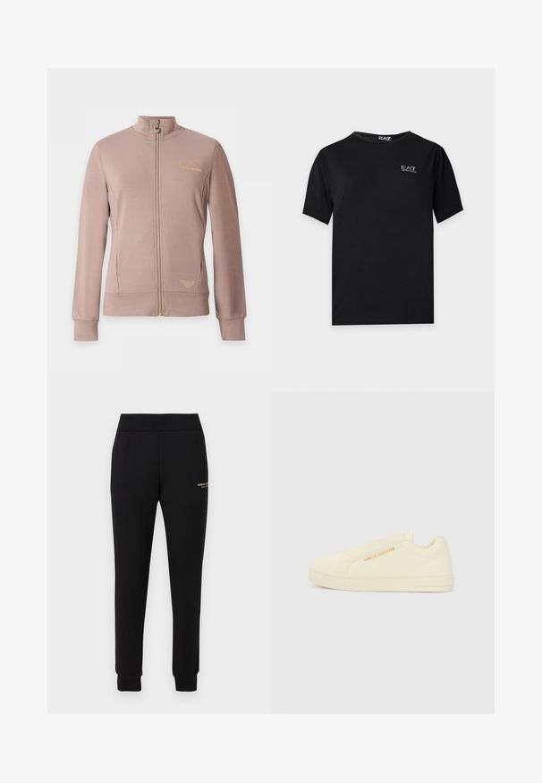 Veste beige zippée avec col montant, manches longues, deux poches avant et logos dorés EA7 Emporio Armani sur la poitrine et la hanche.; T-shirt noir à manches courtes avec un petit logo blanc EA7 Emporio Armani sur le haut gauche de la poitrine et à l'intérieur du col.; Pantalon de survêtement noir fuselé avec taille et poignets élastiques, présentant un petit logo doré "Armani Exchange" sur la cuisse droite.; Baskets à enfiler crème avec une texture lisse, présentant un accent de logo surélevé et un design minimaliste. Semelle en caoutchouc épaisse pour un bon maintien.