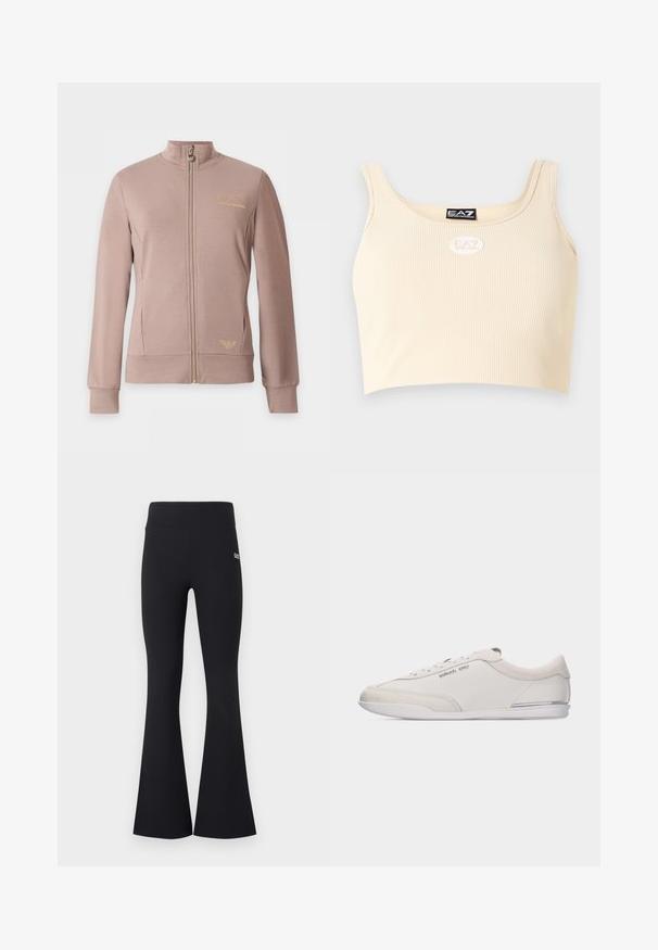 Veste beige zippée avec col montant, manches longues, deux poches avant et logos dorés EA7 Emporio Armani sur la poitrine et la hanche.; Débardeur court beige côtelé avec larges bretelles et logos EA7 Emporio Armani sur la poitrine et le col intérieur.; Pantalon noir côtelé taille haute évasé avec ceinture élastique et petit logo blanc EA7 sur la cuisse droite supérieure.; Baskets basses blanc cassé et beige à lacets, avec des détails en cuir lisse et en daim, arborant un petit logo Michael Kors sur le côté.