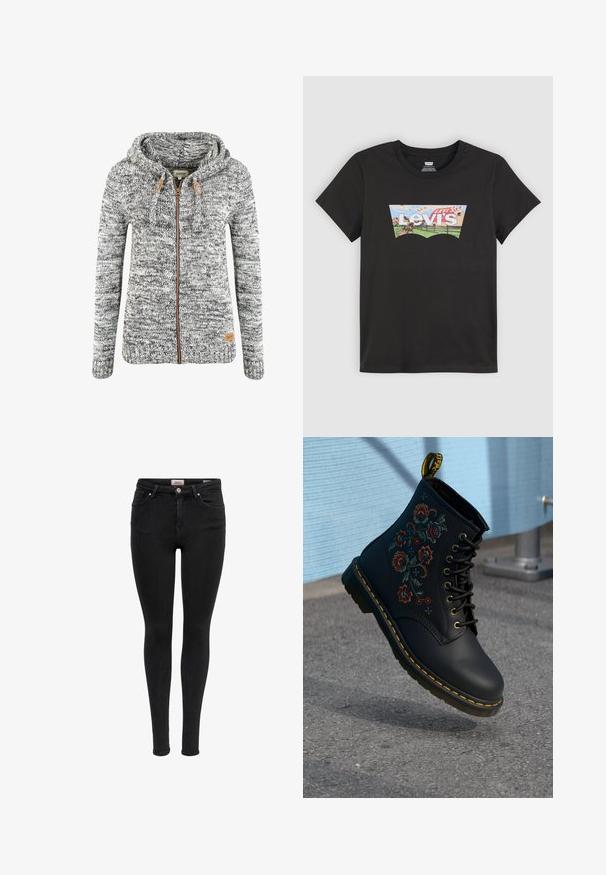 Hallide ja valge kootud kapuutsiga jakk, millel on lukku, pael ja pruuni nahka toone. Ribapitsiga varrukad ja äär. Logo silt alumisel küljel.; Must t-särk Levi's logo ja maastikulise hobuse, roheliste põldude, tara ja sinise taeva lindudega.; Mustad mustad teksad, millel on esipockets, vöökohad ja nööbiga kinnitamine, esitlemine valge tausta taustal.; Must musta kingad, millel on kollane õmblus ja lillemotiiv, rippumas asfaldi kohal helesinise seina ja metallposti lähedal.