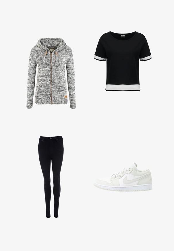 Sudadera de punto en gris y blanco con cremallera, cordón ajustable y detalles en cuero marrón. Puños y dobladillo acanalados. Etiqueta con logo en el lado inferior.; Camiseta negra corta con mangas cortas, que presenta detalles de malla blanca en las mangas y el dobladillo. Tela suave; escote redondeado.; Vaqueros skinny negros de denim con una textura suave. Presentan un cierre frontal de botón y cremallera, cinco bolsillos y un ajuste elegante.; Jordan AIR JORDAN 1 LOW - Zapatillas - spruce aura/white